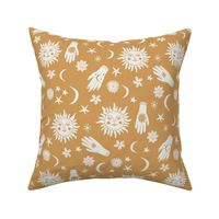 celestial sun moon stars print - hand fabric, stars fabric, nursery fabric - dusty yellow