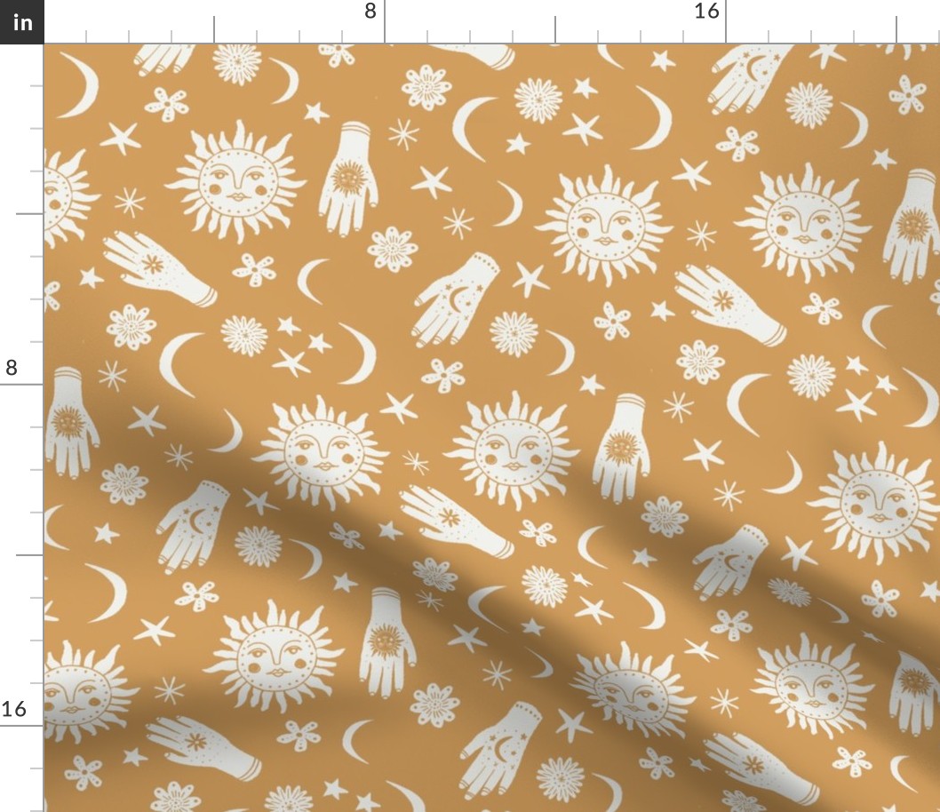 celestial sun moon stars print - hand fabric, stars fabric, nursery fabric - dusty yellow