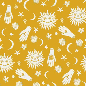 celestial sun moon stars print - hand fabric, stars fabric, nursery fabric - bright yellow