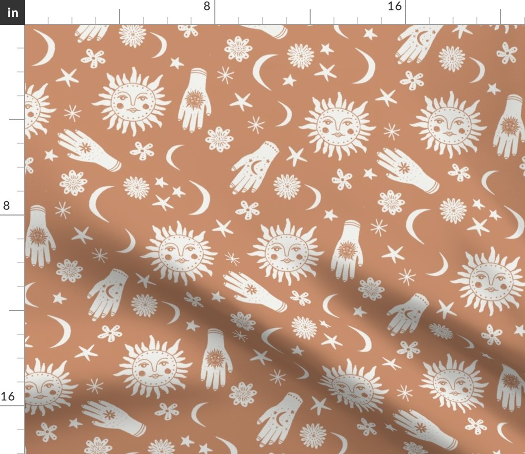 celestial sun moon stars print - hand fabric, stars fabric, nursery fabric - rust