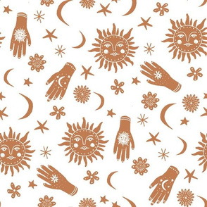 celestial sun moon stars print - hand fabric, stars fabric, nursery fabric - rust