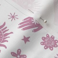 celestial sun moon stars print - hand fabric, stars fabric, nursery fabric - dusty pink