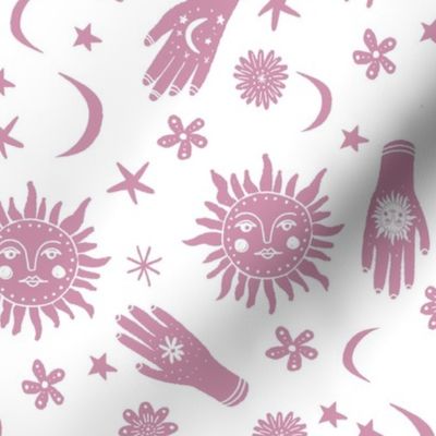 celestial sun moon stars print - hand fabric, stars fabric, nursery fabric - dusty pink