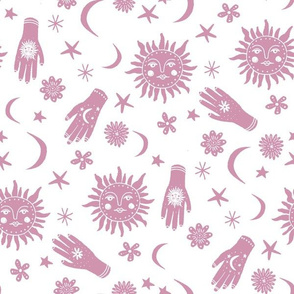 celestial sun moon stars print - hand fabric, stars fabric, nursery fabric - dusty pink
