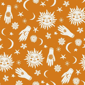celestial sun moon stars print - hand fabric, stars fabric, nursery fabric - orange