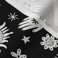 celestial sun moon stars print - hand fabric, stars fabric, nursery fabric - black