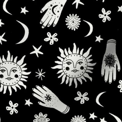 celestial sun moon stars print - hand fabric, stars fabric, nursery fabric - black