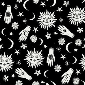 celestial sun moon stars print - hand fabric, stars fabric, nursery fabric - black