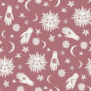 celestial sun moon stars print - hand fabric, stars fabric, nursery fabric - mauve