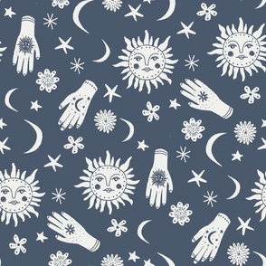 celestial sun moon stars print - hand fabric, stars fabric, nursery fabric - indigo