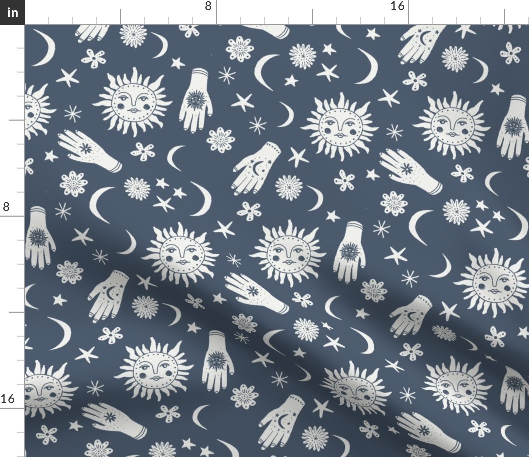 celestial sun moon stars print - hand fabric, stars fabric, nursery fabric - indigo