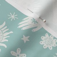 celestial sun moon stars print - hand fabric, stars fabric, nursery fabric - mint