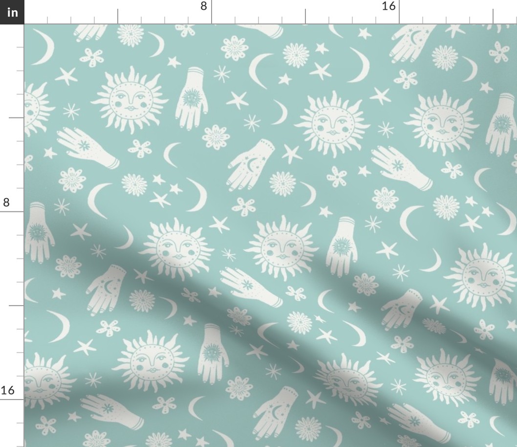 celestial sun moon stars print - hand fabric, stars fabric, nursery fabric - mint