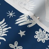 celestial sun moon stars print - hand fabric, stars fabric, nursery fabric - navy