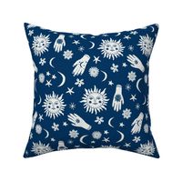 celestial sun moon stars print - hand fabric, stars fabric, nursery fabric - navy