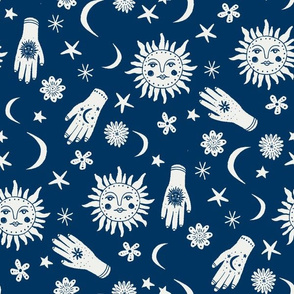 celestial sun moon stars print - hand fabric, stars fabric, nursery fabric - navy