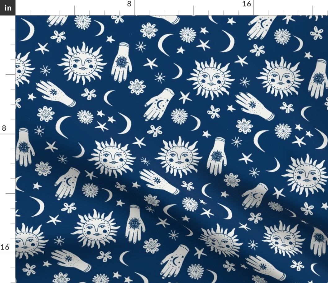 celestial sun moon stars print - hand fabric, stars fabric, nursery fabric - navy