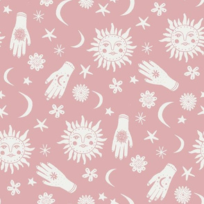 celestial sun moon stars print - hand fabric, stars fabric, nursery fabric - dusty pink