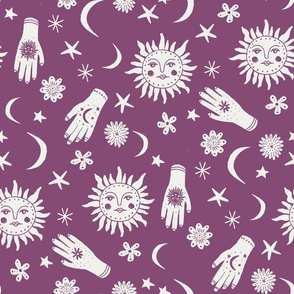 celestial sun moon stars print - hand fabric, stars fabric, nursery fabric - purple