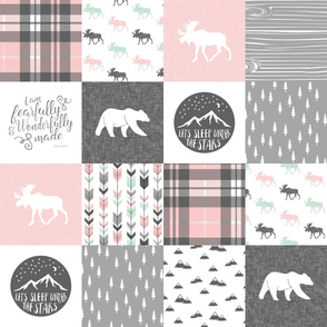 Fearfully and Wonderfully Made Patchwork Fabric || Pink Moose , Grey, mint C20BS