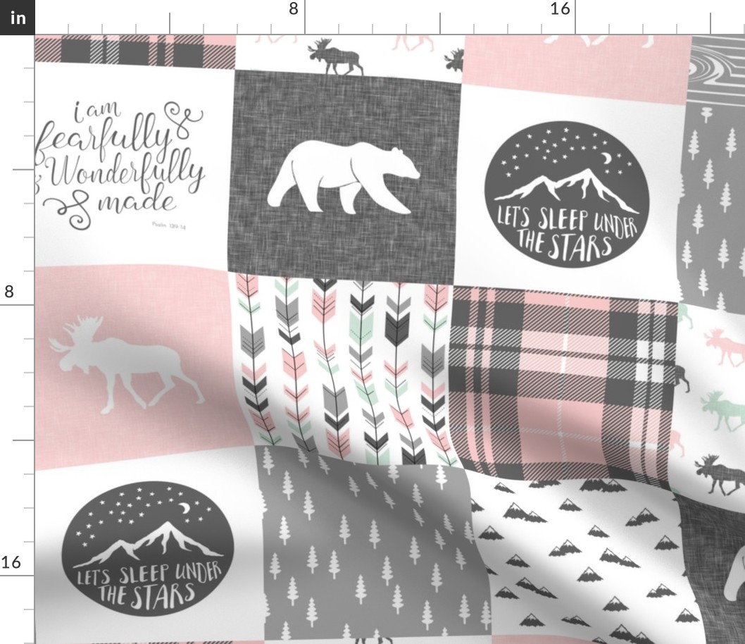 Fearfully and Wonderfully Made Patchwork Fabric || Pink Moose , Grey, mint C20BS