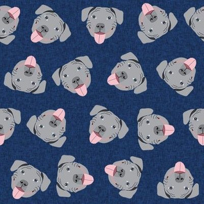 grey pitbull faces fabric - dog fabric, dog breed fabrics - navy
