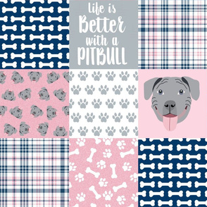 grey pitbull cheater quilt fabric - dog quilt, pit bull quilt fabric - pink and navy