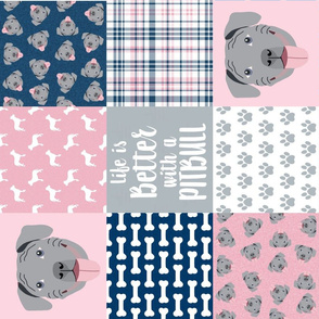 grey pitbull cheater quilt fabric - dog quilt, pit bull quilt fabric - pink, grey, navy