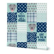 grey pitbull cheater quilt fabric - dog quilt, pit bull quilt fabric - mint and navy