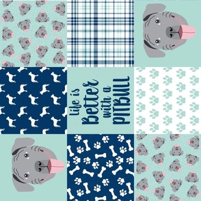 grey pitbull cheater quilt fabric - dog quilt, pit bull quilt fabric - mint and navy