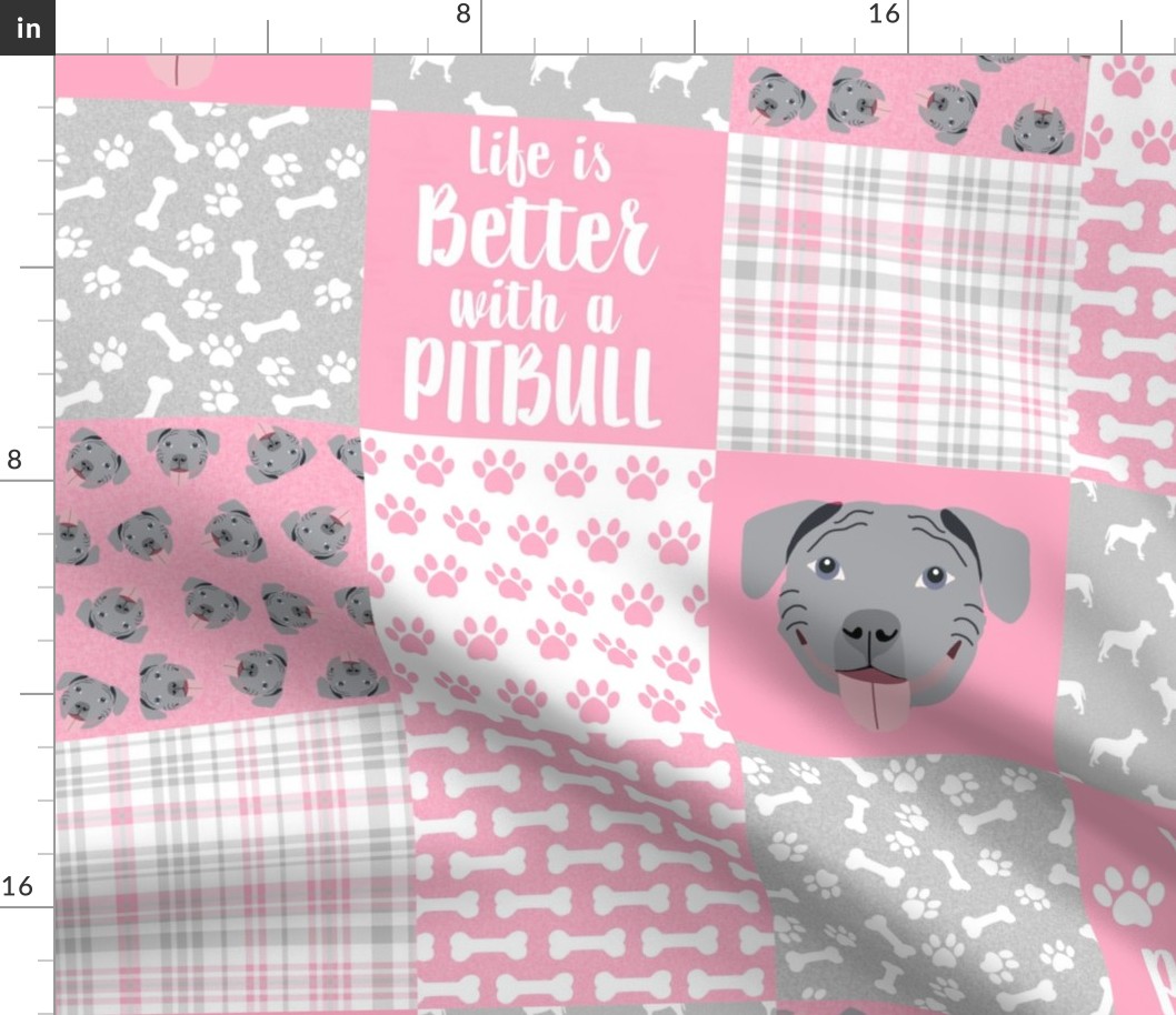 grey pitbull cheater quilt fabric - dog quilt, pit bull quilt fabric - pink and grey