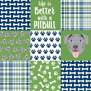 grey pitbull cheater quilt fabric - dog quilt, pit bull quilt fabric - green and navy