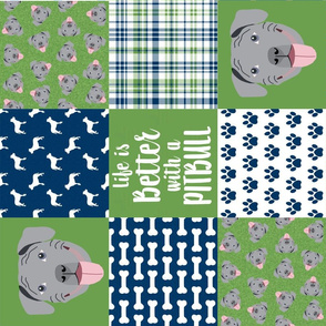 grey pitbull cheater quilt fabric - dog quilt, pit bull quilt fabric - green and navy