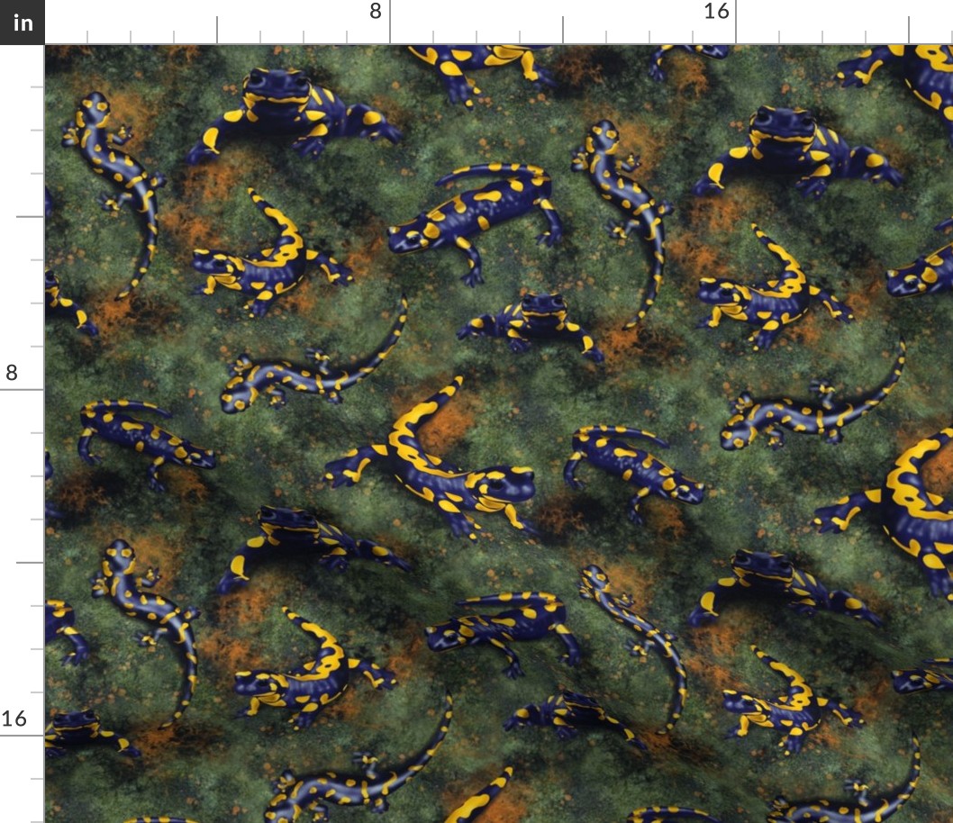 fire salamanders on mossy stone texture