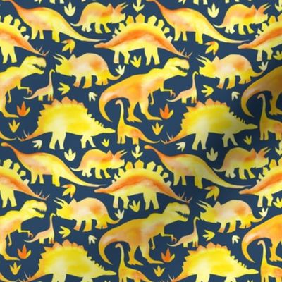 yellow and orange dinosaurs on navy - smaller scale