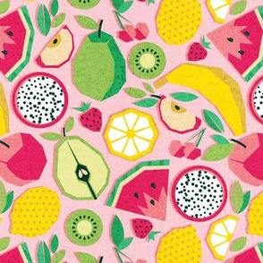 Small scale // Paper cut geo fruits // pink background multicoloured geometric fruits