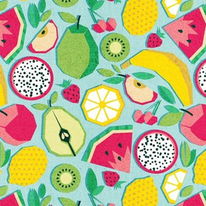 Small scale // Paper cut geo fruits // aqua background multicoloured geometric fruits