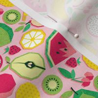 Tiny scale // Paper cut geo fruits // pink background multicoloured geometric fruits