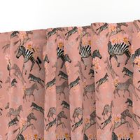 Zebras and Coral Poppies - coral pink background