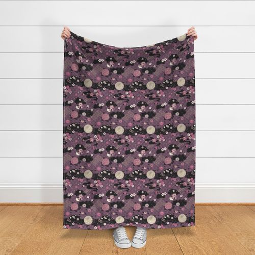 Kimono Flowers Pink + Purple on Black