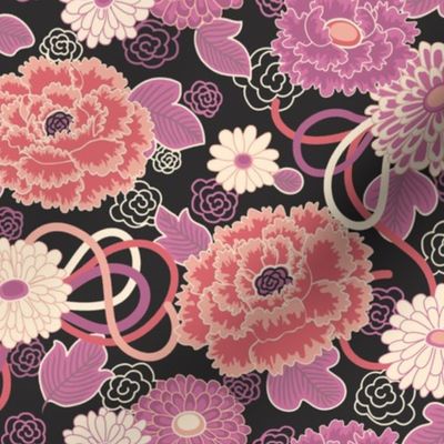 Peony Clouds Black Japanese Floral