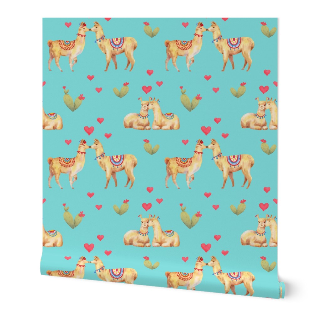 Llamas in Love on turquoise 