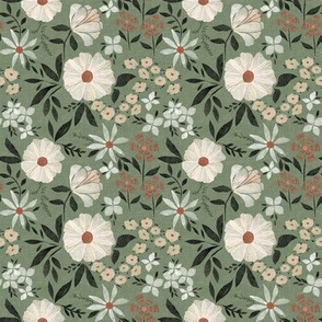 Paper Cut Flower Garden in Sage Green - 4 inch repeat