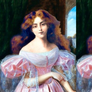 Victorian princess inspired off shoulder pink dress gowns fairy tales baroque long brown wavy hair enormous puffy sleeves lace sky castle window trees ornate beauty 19th century historical ornate royal portraits beautiful woman lady jewelry neoclassical e