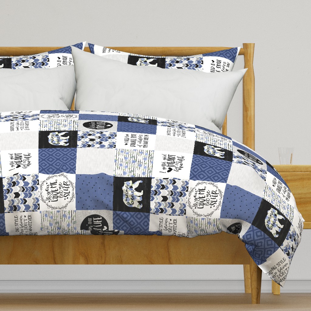 MomLife//Good Heart//Blue - Wholecloth Cheater Quilt - Rotated