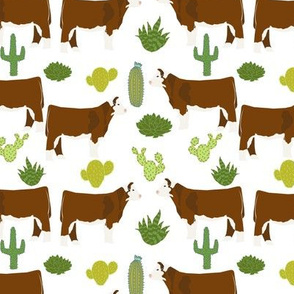 hereford cow fabric cattle and cactus design - white