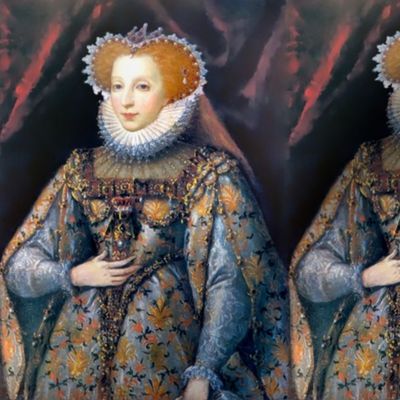 Queen Elizabeth 1 inspired princesses Queens renaissance Tudor big lace ruff collar baroque pearls orange gold gown beauty Elizabethan era long hair 16th 17th century historical embroidery ornate royal portraits beautiful woman lady necklaces jewelry Vict