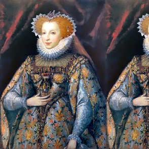 Queen Elizabeth 1 inspired princesses Queens renaissance Tudor big lace ruff collar baroque pearls orange gold gown beauty Elizabethan era long hair 16th 17th century historical embroidery ornate royal portraits beautiful woman lady necklaces jewelry Vict
