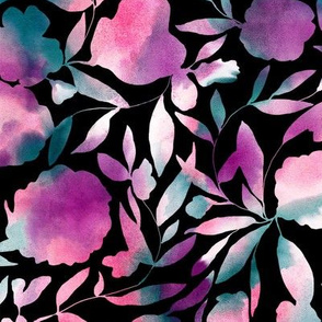 Watercolor papercuut floral purple teal and black large scale