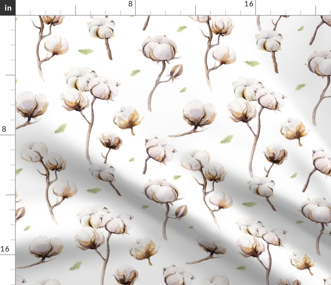 Watercolor pattern with flowers and cotton branches. 